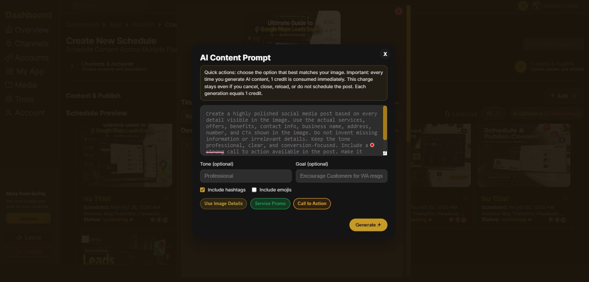 Post edit image popup with Ai Copy Generation in Publish