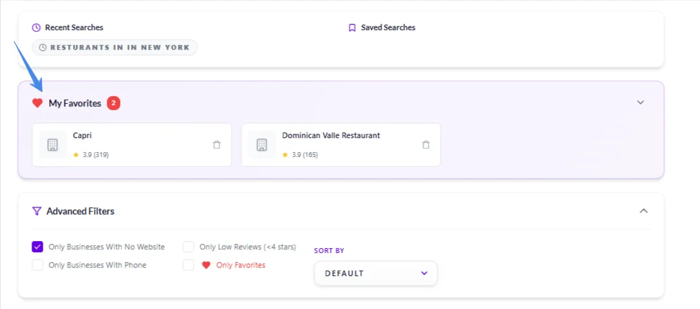 showing favorites section