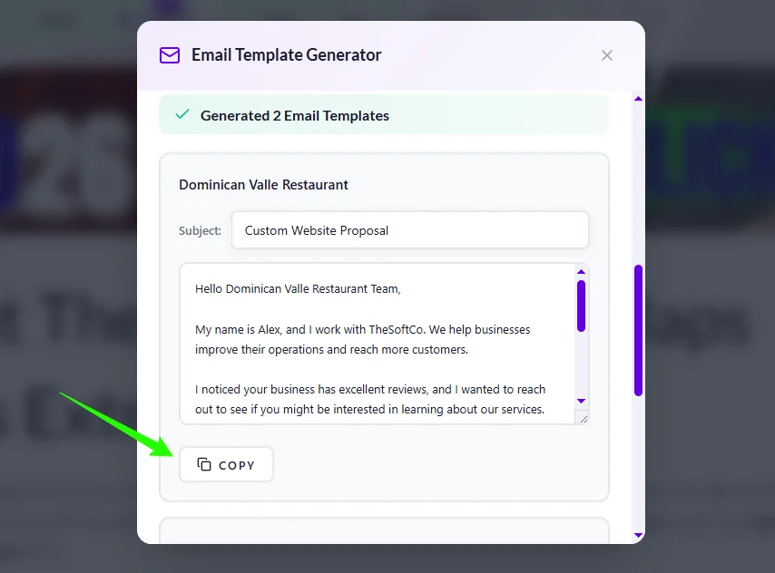 copying the generated email data