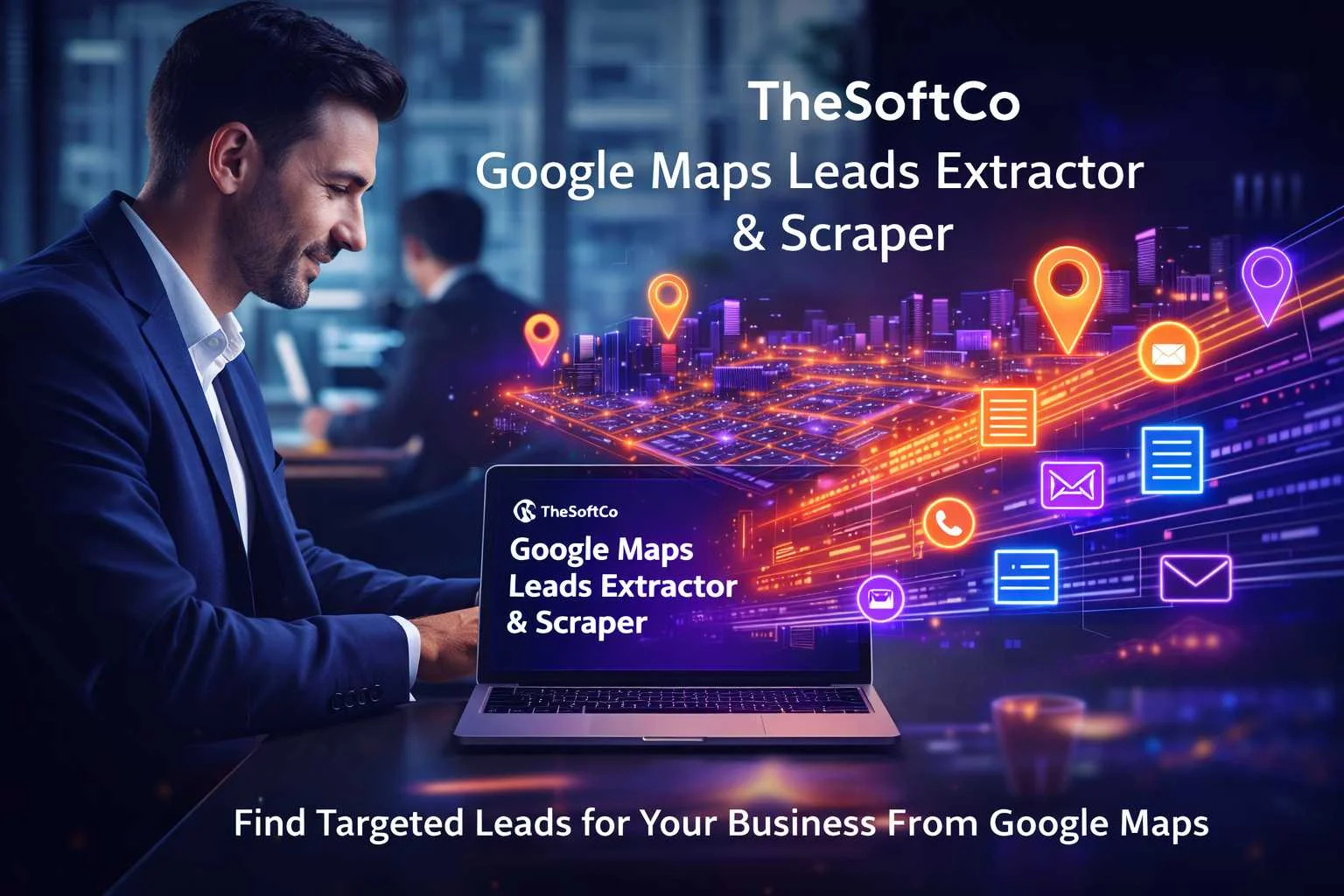 a man using mobile, a laptop showing google maps leads extractor & Scraper