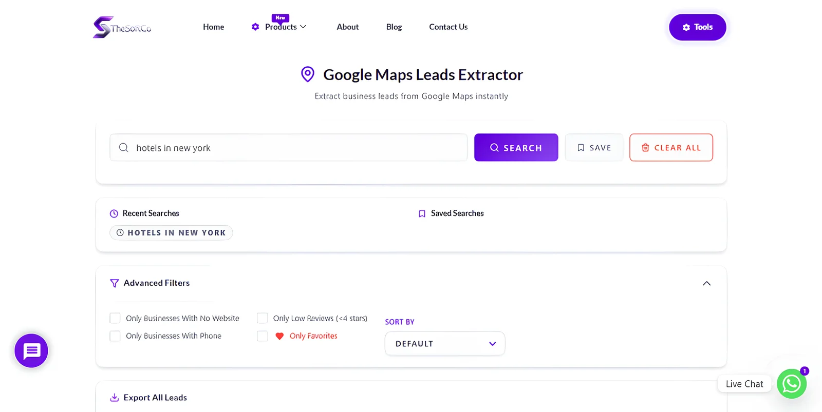 main UI of Leads Extractor