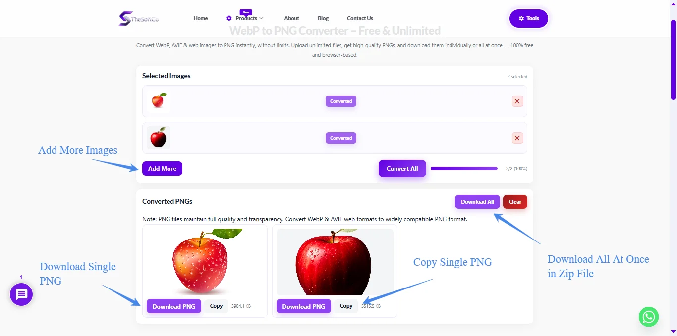 showing add more images, Copy Single Png, Download Single png, Download All at once at once click