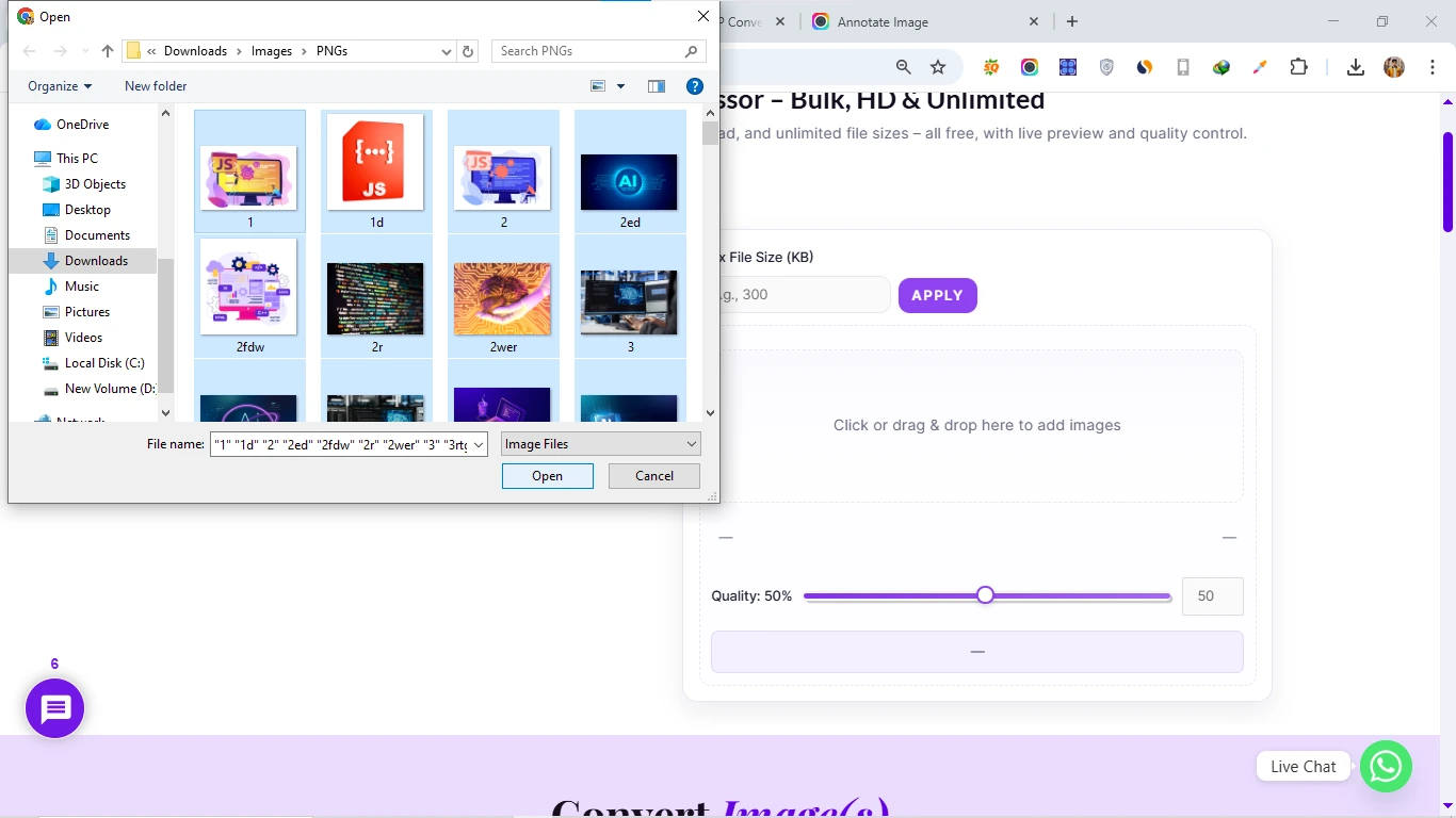 uploading images in image compressor