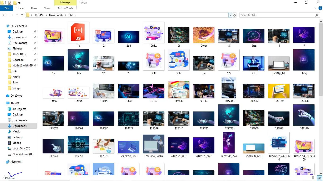 a windows folder having 119 pngs ready to convert to jpg