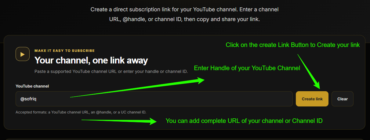 The Sofriq YouTube Subscribe Link Generator with a YouTube handle entered in the channel field and the Create link button highlighted