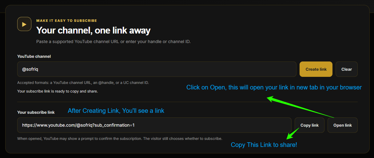 The generated YouTube subscribe link shown in the Sofriq tool with the Copy link and Open link buttons beside it