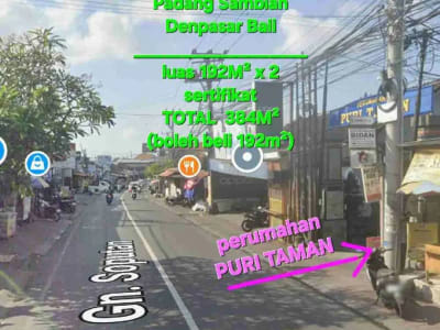 Jual tanah 192m2 x 2 di perumahan PURI TAMAN jln GUNUNG SOPUTAN area TEUKU UMAR BARAT padang sambian Denpasar Bali - Thumbnail 1