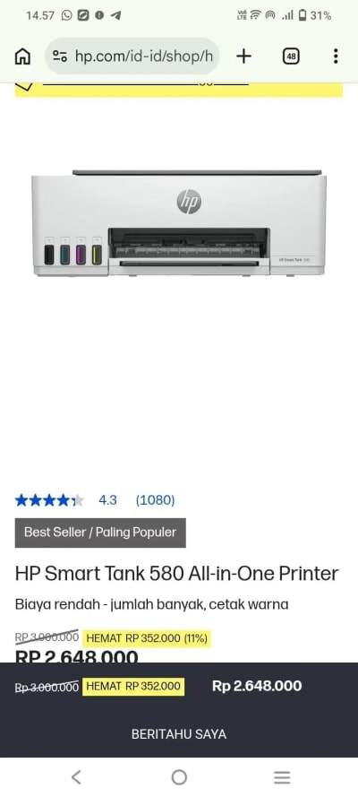 printer hp smart tank 580 jarang di pakai no minus dlu belinya 2.8jt - Thumbnail 4