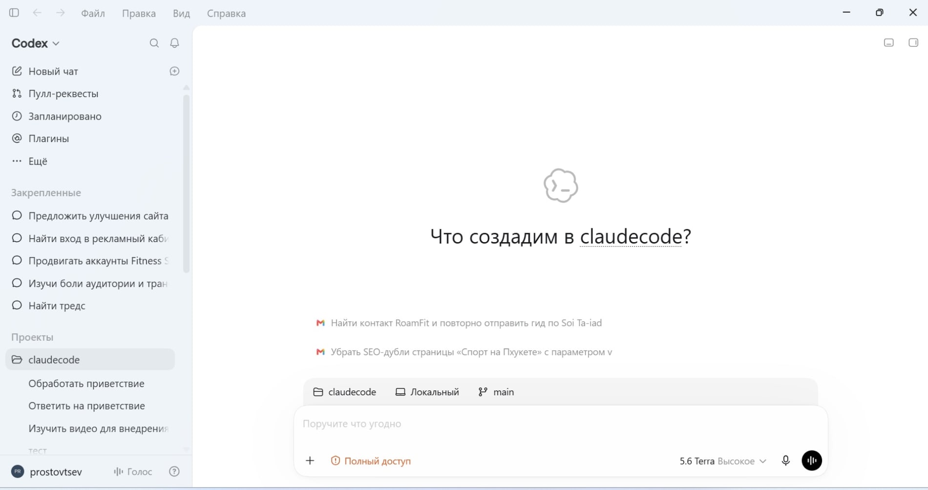 Codex: закреплённые задачи по сайту и продвижению
