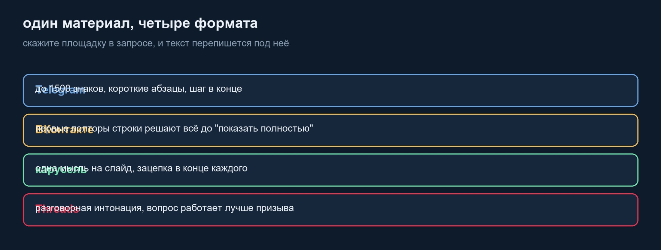 Требования площадок: Telegram, ВКонтакте, карусель, Threads