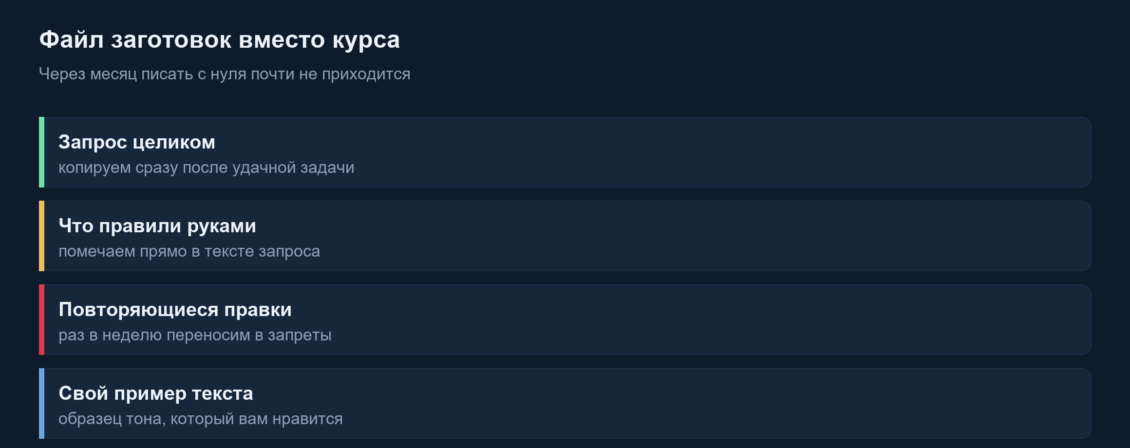 Что копить в файле заготовок: запрос целиком, свои правки и образец тона