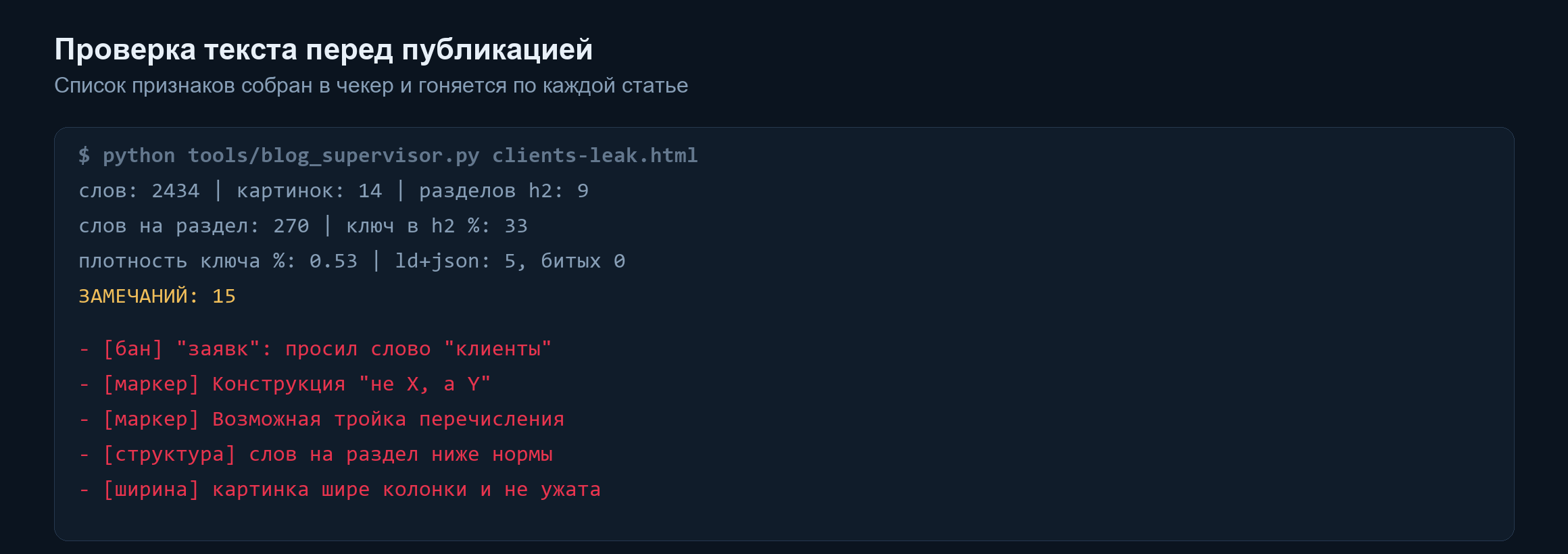 Вывод проверки статьи: пятнадцать замечаний с указанием, что именно исправить