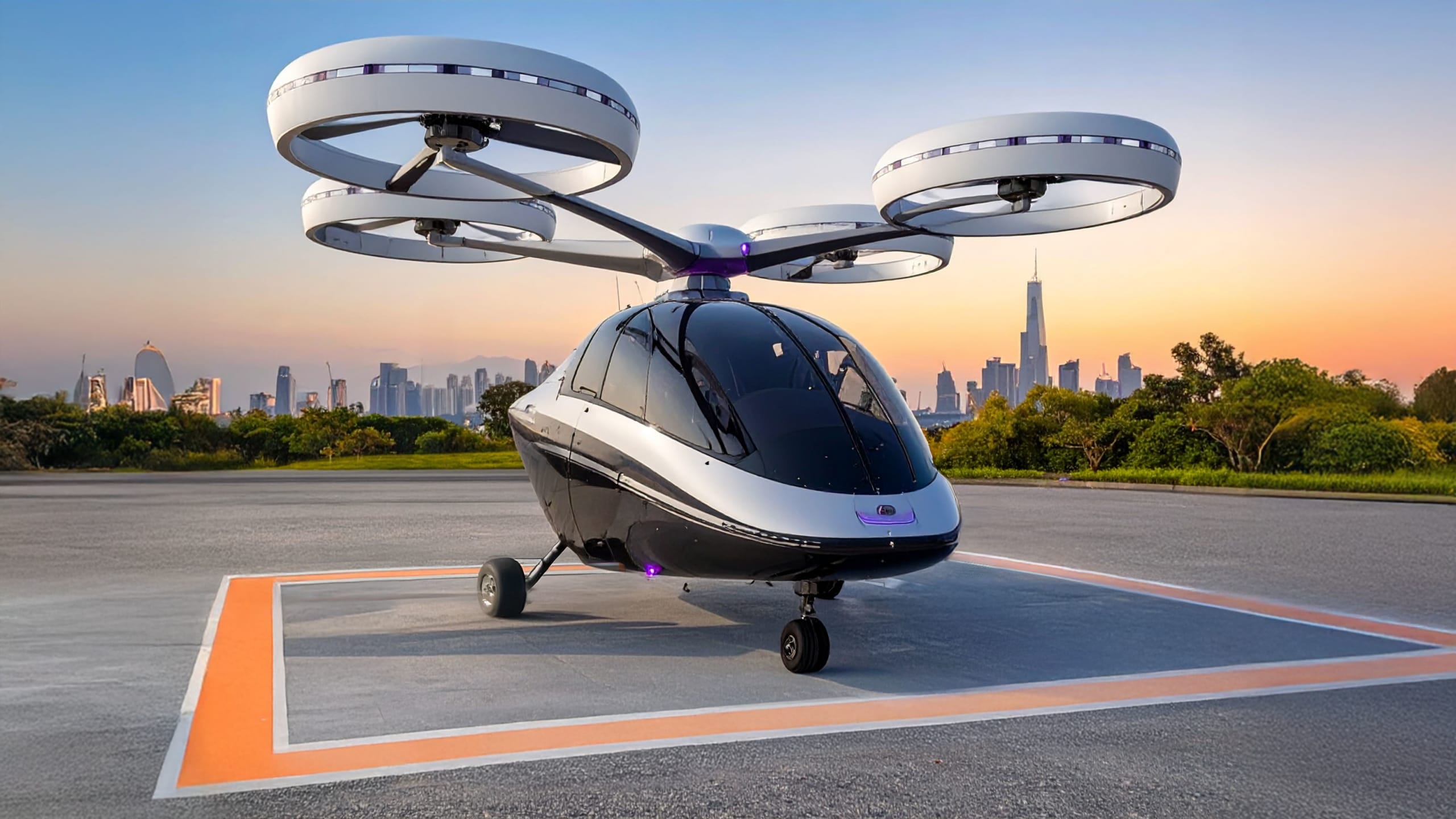 Electric eVTOL air taxi on a vertiport with a futuristic city skyline during sunset