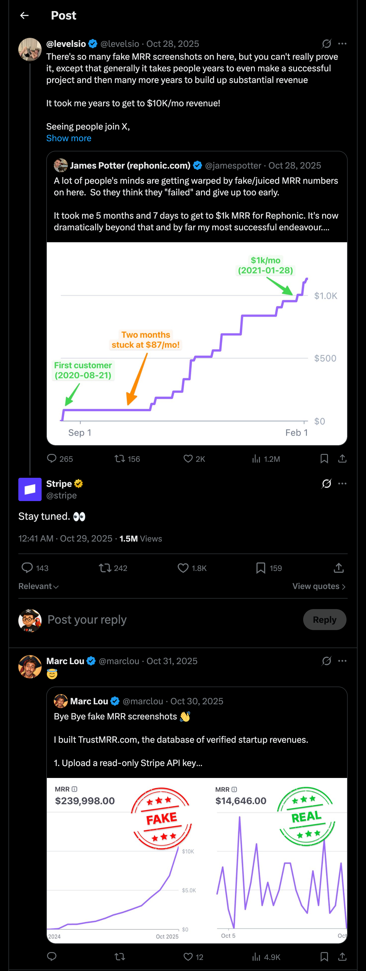 Stripe reply to Levelsio about verified MRR