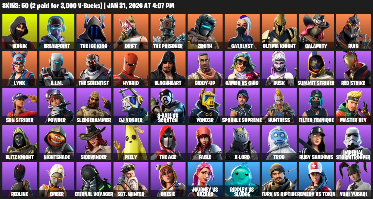 Fortnite Account ( PLAYSTATION / XBOX / NINTENDO ) (IKONIK, Catalyst, Drift, Hybrid, Calamity, Lynx, Ultima Knight, The Ice King, The Scientist, Ruin, Peely, Blackheart, DJ Yonder, Sparkle Supreme, Powder, Master Key, Sidewinder, Ember, Red Strike, Rippley vs Sludge, X-Lord, Ruby Shadows, Breakpoint, The Prisoner, Zenith, A.I.M., Giddy-up, Cameo vs Chic, Dusk, Summit Striker, Sun Strider, Sledgehammer, 8-Ball vs Scratch, Y0ND3R, Huntress, Tilted Teknique, Blitz Knight, Nightshade, The Ace, Fable, Trog, Imperial Stormtrooper, Redline, Eternal Voyager, Sgt. Winter, Onesie, Journey vs Hazard, Turk vs Riptide, Remedy vs Toxin, Yuki Yubari) (50 Skins)