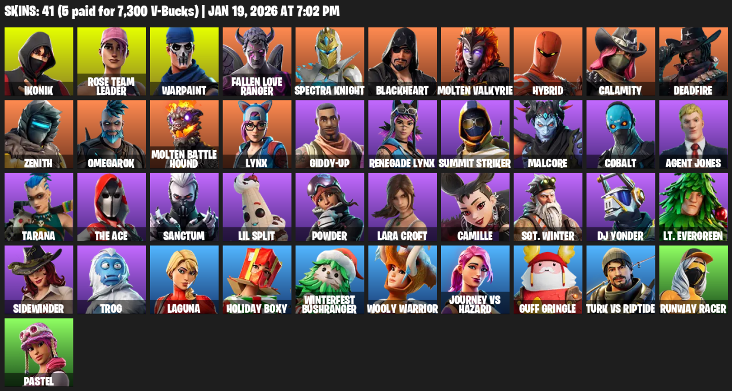 Fortnite Account ( PC ) (IKONIK, Lara Croft, Rose Team Leader, Warpaint, Fallen Love Ranger, Spectra Knight, Blackheart) (41 Skins)