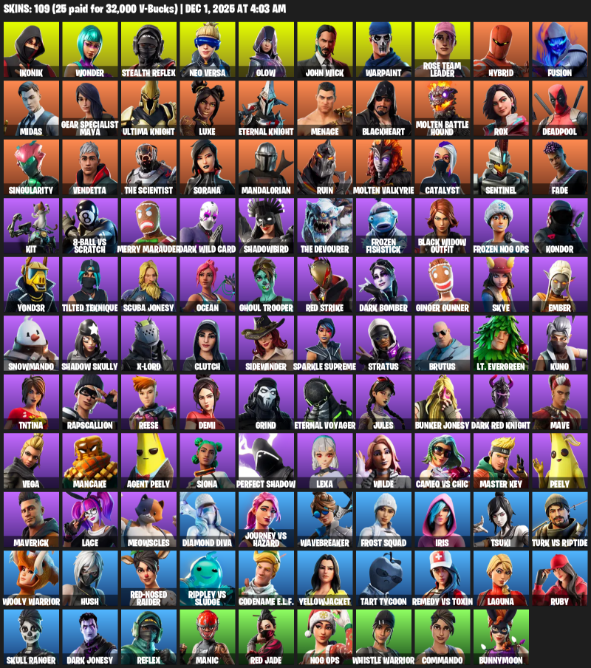 Fortnite Account ( PLAYSTATION / XBOX / NINTENDO ) (OG STW, Wonder, IKONIK, Stealth Reflex, Glow, Merry Mint Axe, Black Widow Outfit, John Wick, Neo Versa, Dark Bomber, Red Jade, Star Wand, Deadpool, Midas) (109 Skins)