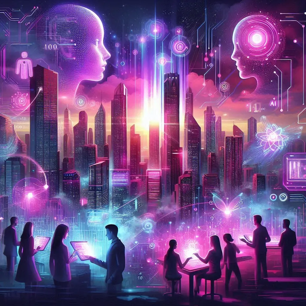 DG10 - A futuristic cityscape at dusk with neon-lit skyscrapers. Silhouetted individuals engage with glowing holographic devices, while large digital faces and graphics hover above. Elements like atomic symbols and circuit boards evoke themes of advanced technology, mirroring the sophistication of web development solutions.