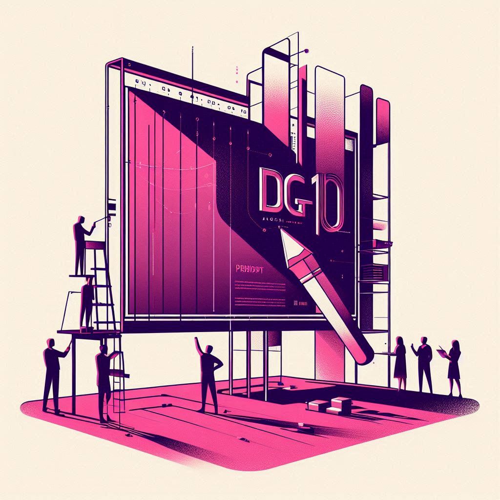 DG10 - An illustration features people interacting with a giant digital billboard displaying "DG 10" in bold text. Several individuals stand on the ground observing, while two on a ladder make adjustments. The background includes abstract, colorful shapes and lines, creating a futuristic atmosphere, reminiscent of content marketing visuals.