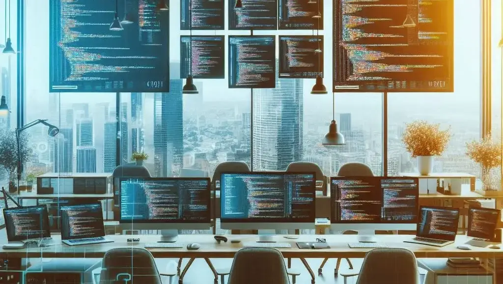 DG10 - A modern office filled with computer screens displaying various lines of code. Multiple monitors are mounted on the wall and desks, showcasing web development solutions. Large windows reveal a cityscape with tall buildings. Potted plants are scattered around, and chairs are arranged in front of the desks.