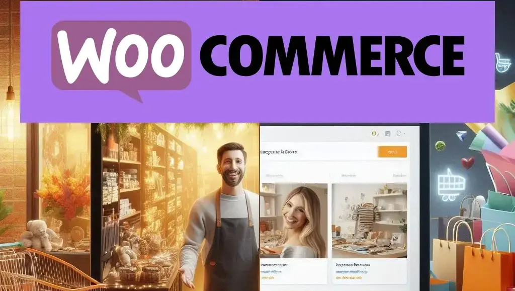 DG10 - A banner with the WooCommerce logo at the top featuring a large purple text box with "Woo" in white speech bubble letters and "Commerce" in bold black letters. Below, a smiling man in an apron stands in a cozy shop, showcasing web development solutions with a website interface displaying product listings and shopping graphics.