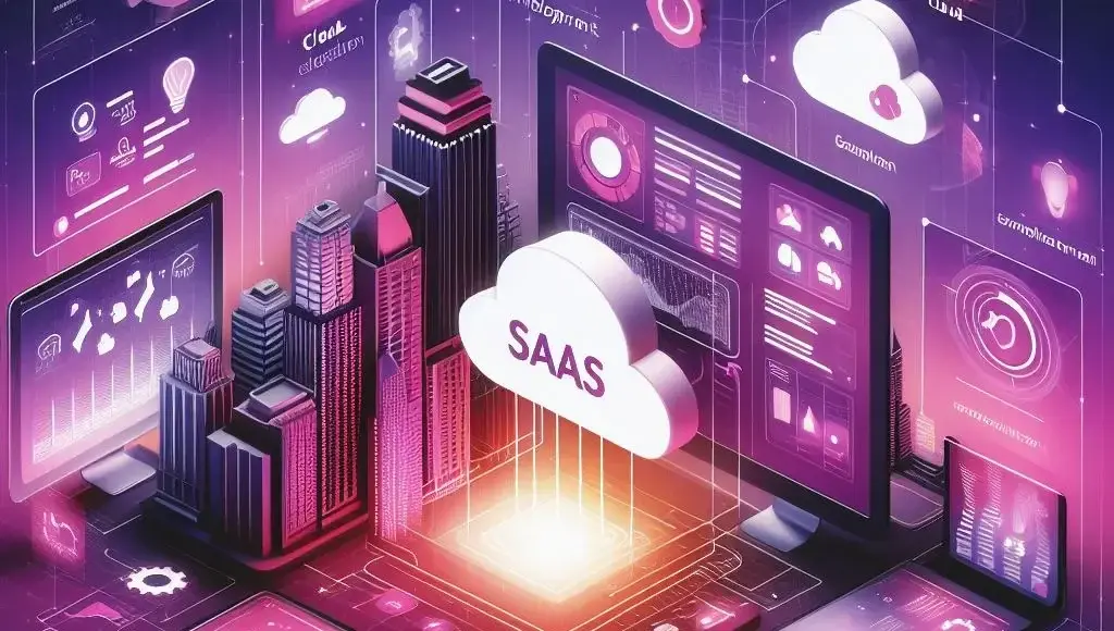DG10 - Futuristic illustration depicting SaaS (Software as a Service) in a glowing purple and pink digital cityscape. Cloud icons and data analytics are displayed on various screens. Skyscrapers are integrated with digital elements, highlighting the intersection of technology, content marketing, and urban infrastructure.