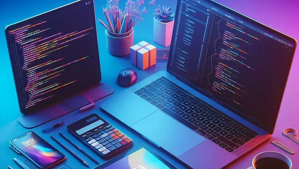 DG10 - A vibrant workspace features a laptop and tablet displaying colorful lines of code, essential for web development solutions. Surrounding them are a smartphone, calculator, mouse, pens, coffee cup, and desk plant. The setting is illuminated by neon purple and blue lighting, creating a futuristic and dynamic atmosphere.