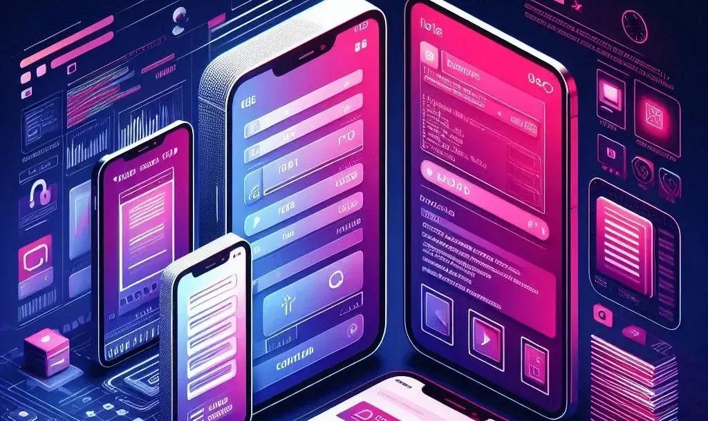 DG10 - A vibrant digital illustration depicts multiple floating smartphone screens and UI elements in various shades of purple and pink. The designs include login screens, settings controls, and notifications. The background features a futuristic grid with glowing lines and abstract data visualizations, showcasing cutting-edge web development solutions.