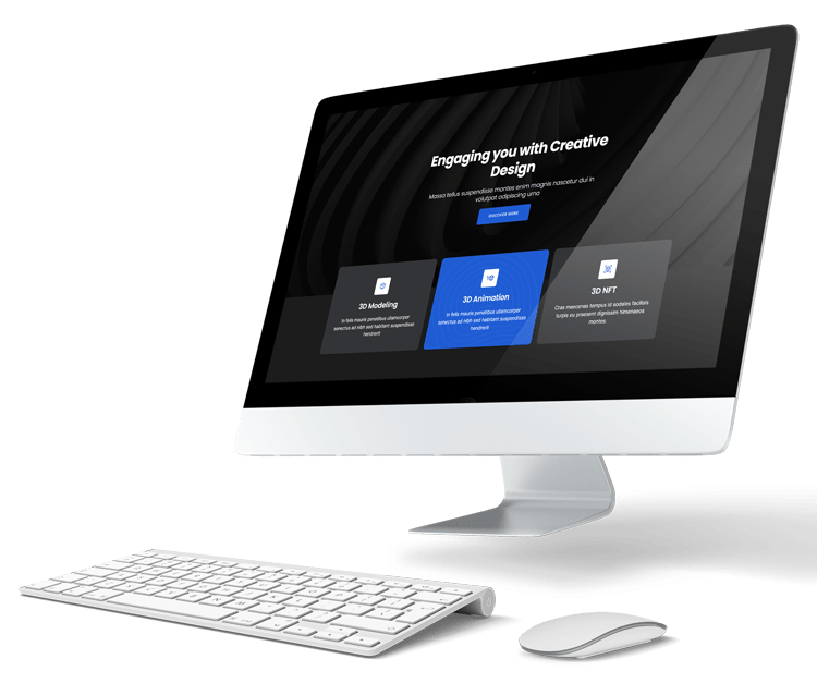DG10 - An Apple desktop computer with a white keyboard and mouse is shown. The screen displays a website homepage with the headline "Engaging you with Creative Design" and three feature boxes titled "3D Modeling," "3D Animation," and "3D NFT." The sleek, black-and-white theme highlights innovative web development solutions.