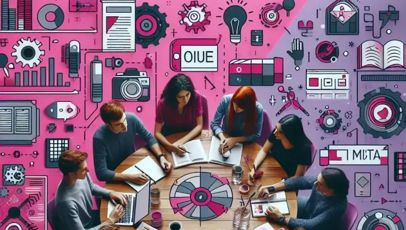 DG10 - Six people sit around a wooden table collaborating, engaged in content marketing strategies with notebooks, a laptop, and documents spread out. The background is a vibrant mix of pink and purple, adorned with various icons such as gears, a light bulb, and creative symbols, representing brainstorming and innovation.