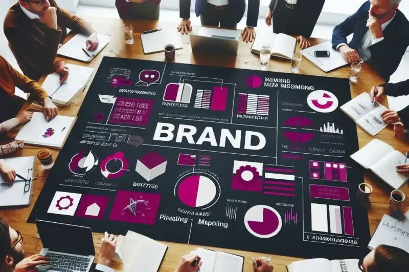 DG10 - A group of people sit around a wooden table, collaborating with laptops, notebooks, and coffee cups. At the center, a large sheet displays various colorful infographics, charts, and icons related to branding strategies and AI digital marketing solutions. The word "BRAND" is prominently featured.