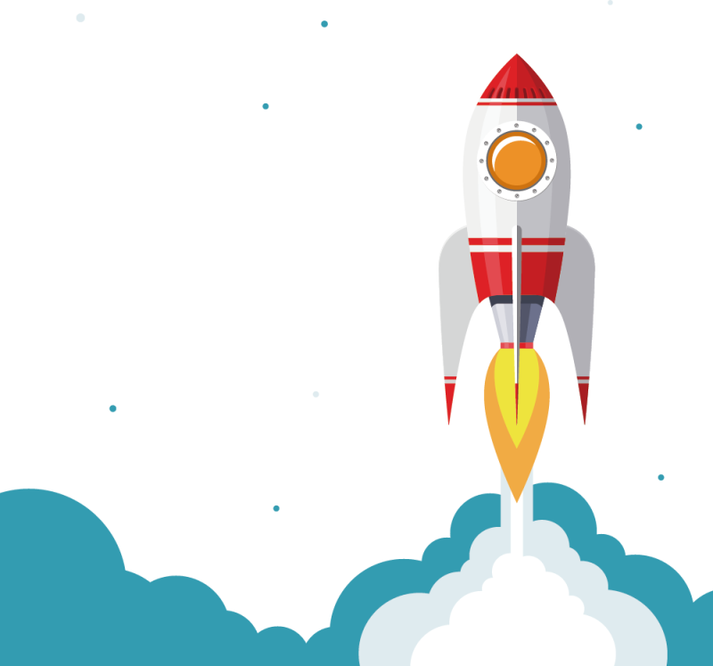 DG10 - Cartoon-style rocket with a red cone-shaped top, white body, and red fins. The rocket has a round window and is blasting off with yellow-orange flames and white smoke trailing behind. Sparse blue dots surround the rocket, and blue clouds are visible at the bottom. Hire a developer to bring your web development solutions to life!