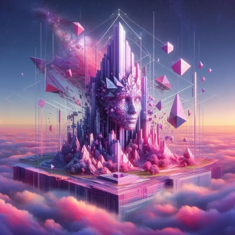 DG10 - A surreal digital artwork features a geometrically textured, feminine face emerging from a mountain of crystalline structures. Pink and purple hues dominate the scene, with floating pyramids and shards extending outward. The landscape sits above a sea of clouds, set against a twilight sky, evoking ai digital marketing solutions.