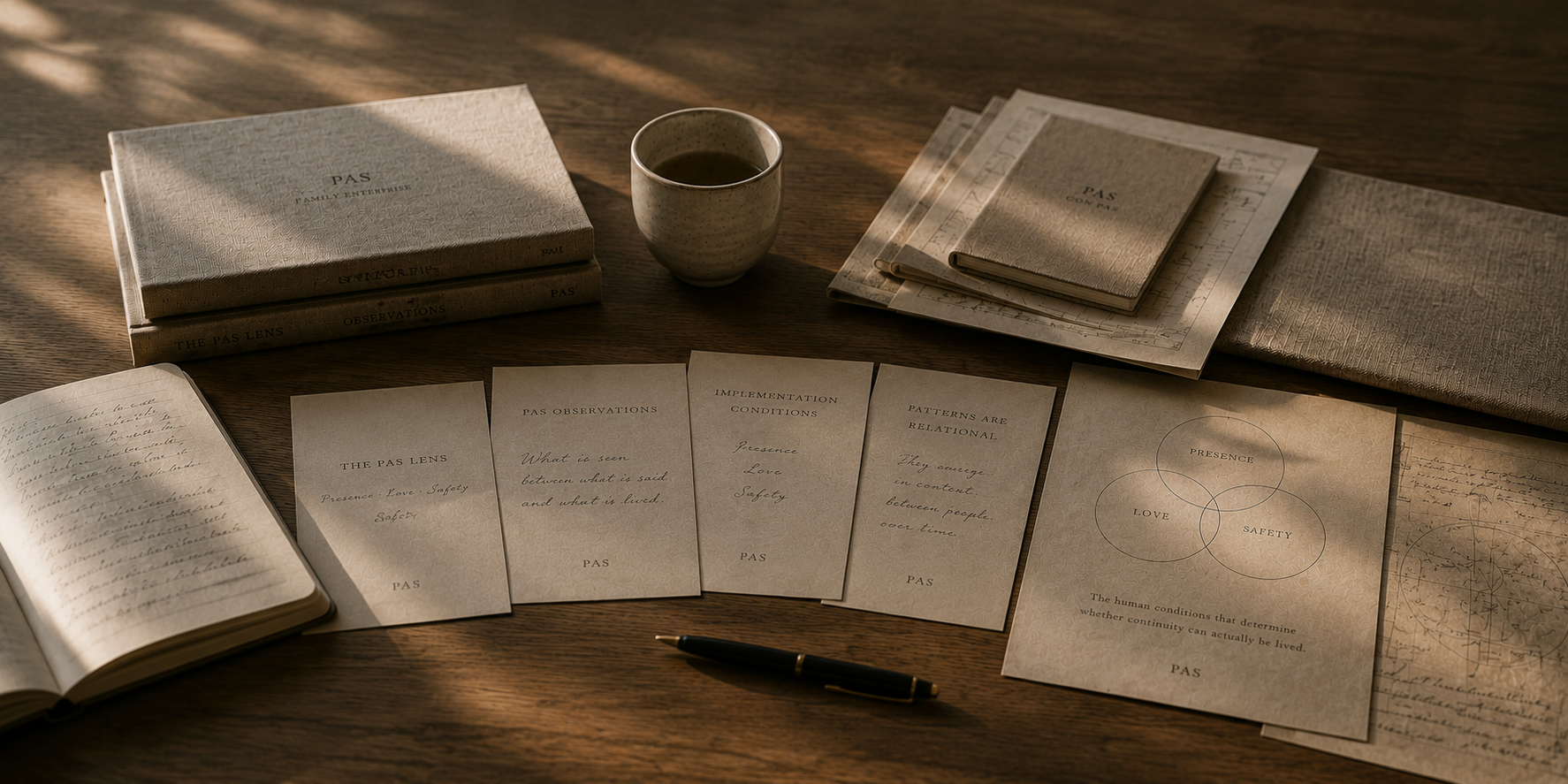 A dark oak table in warm lateral light with linen-bound books labeled PAS Family Enterprise and The PAS Lens, fanned field-note cards showing handwritten observations and a Presence, Love, Safety three-circle diagram, a fountain pen and a ceramic cup
