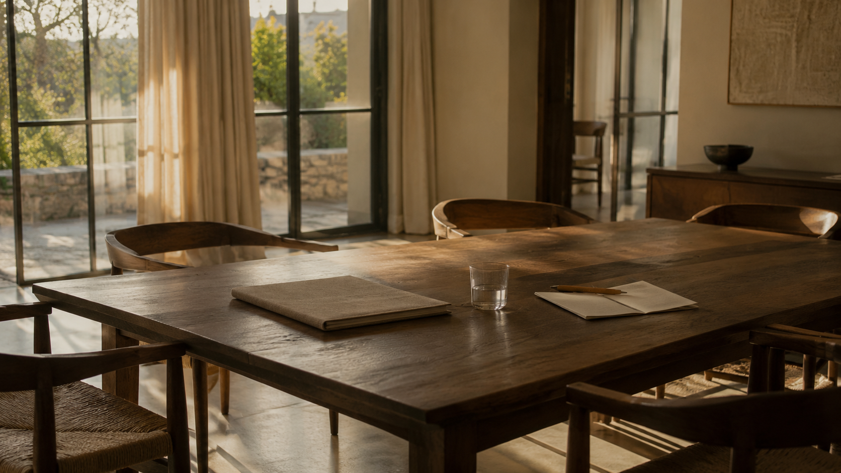 A sunlit room with a long wooden table, closed folder, water glass and open notebook by tall windows opening onto a garden