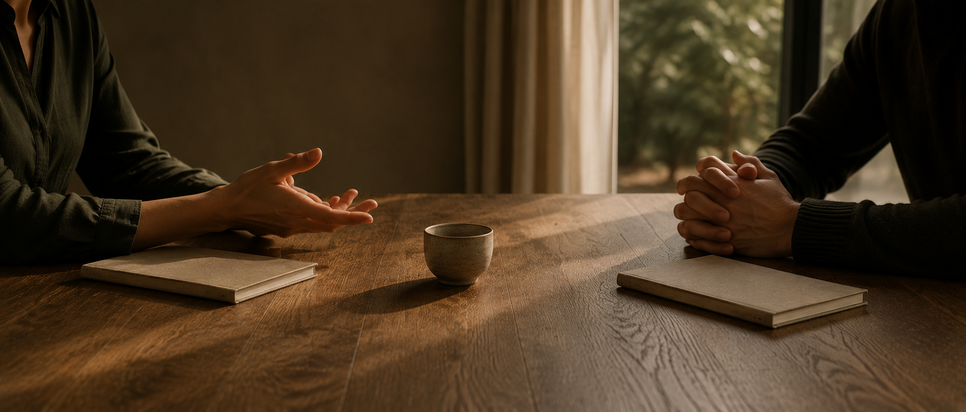 Two people seated across a wooden table, one hand open in gesture and one clasped, with closed notebooks and a ceramic cup between them in warm lateral light