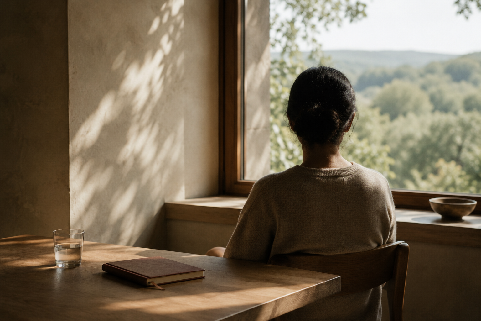 A person seen from behind, seated at a table by a window, looking out toward a wooded landscape