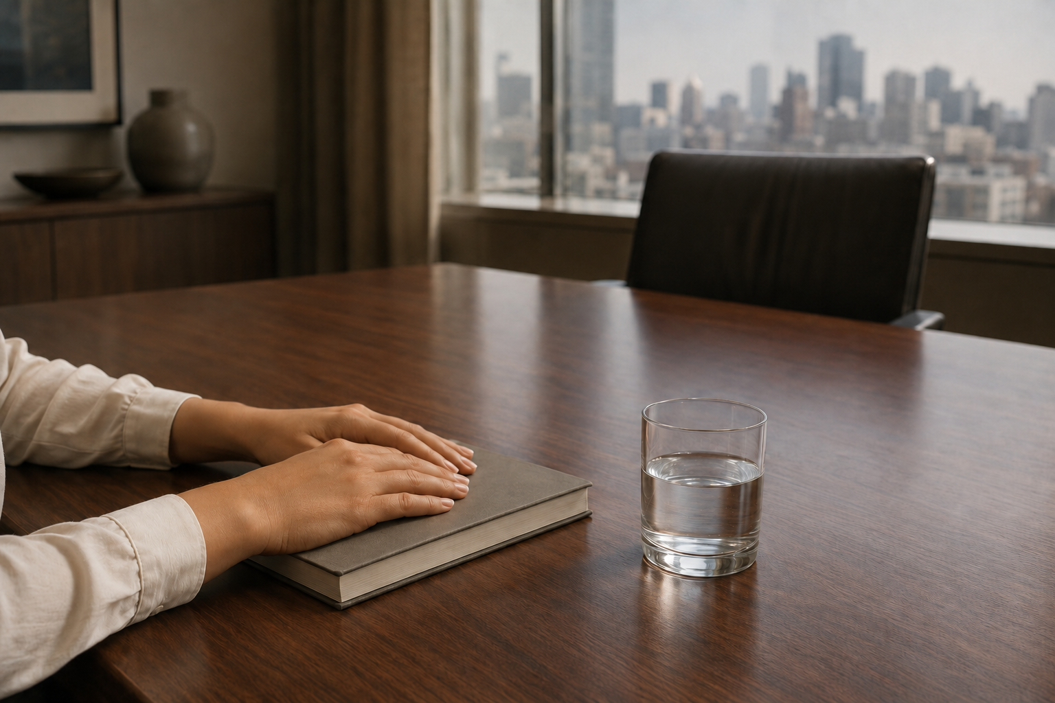 A pair of hands resting on a closed notebook at a conference table, an empty chair and a glass of water, city skyline through the window