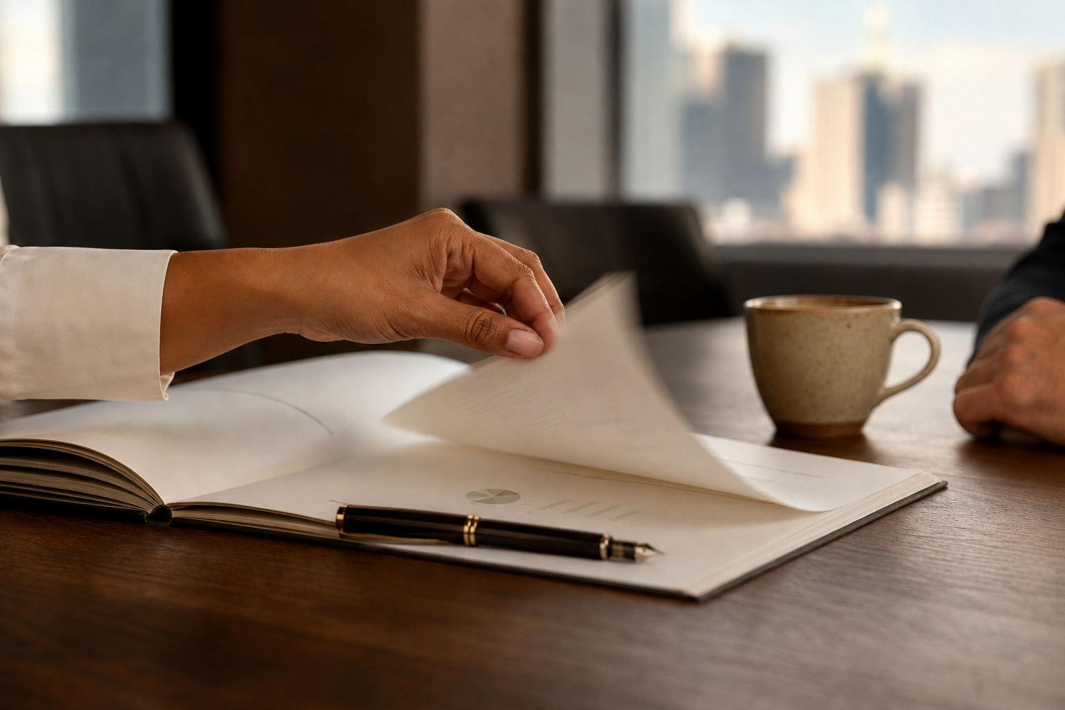 A hand turning the page of an open report beside a fountain pen and a ceramic cup, city skyline through the window