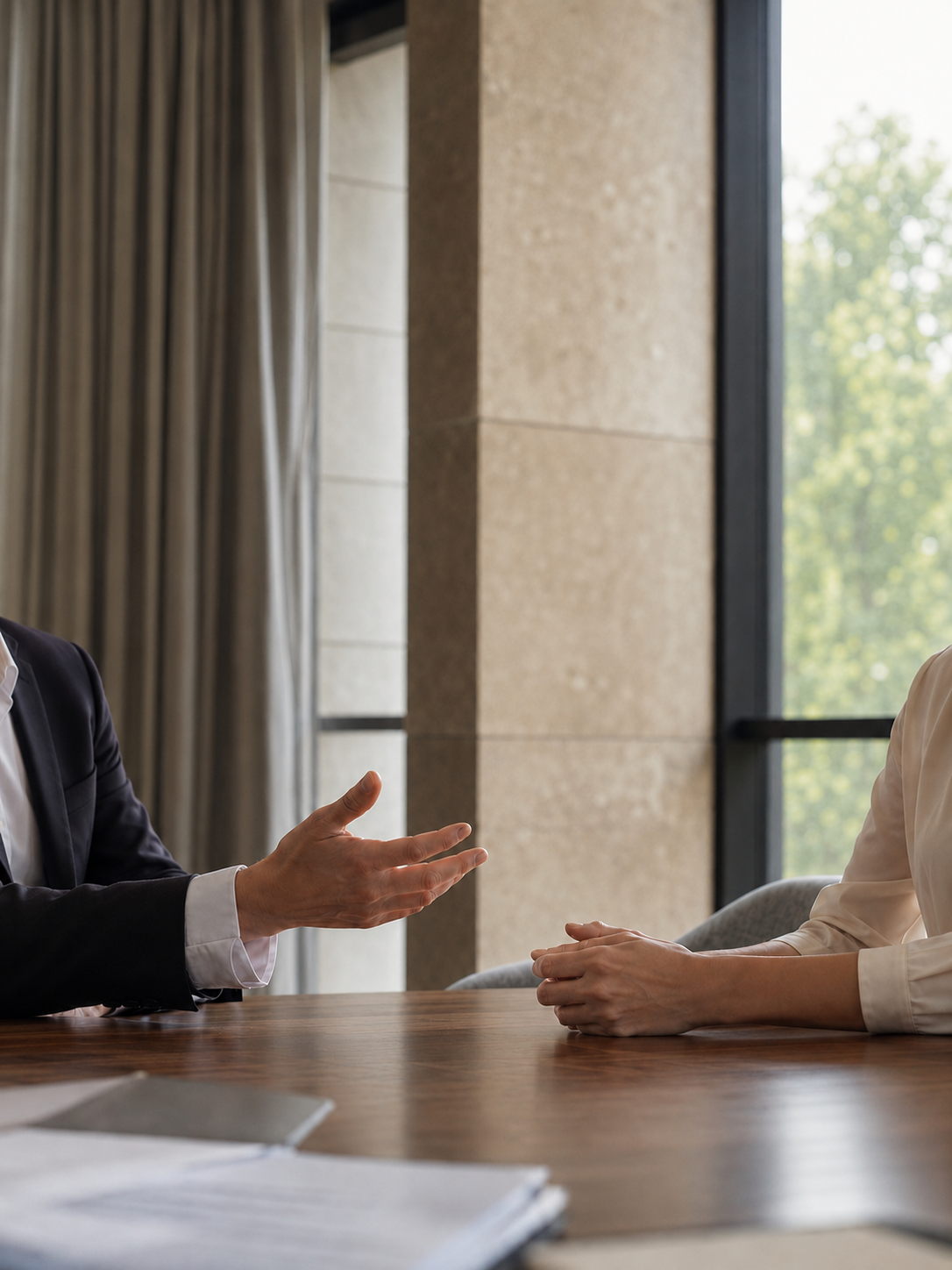 Two people at a conference table, one gesturing with an open hand, the other with hands clasped, warm natural light