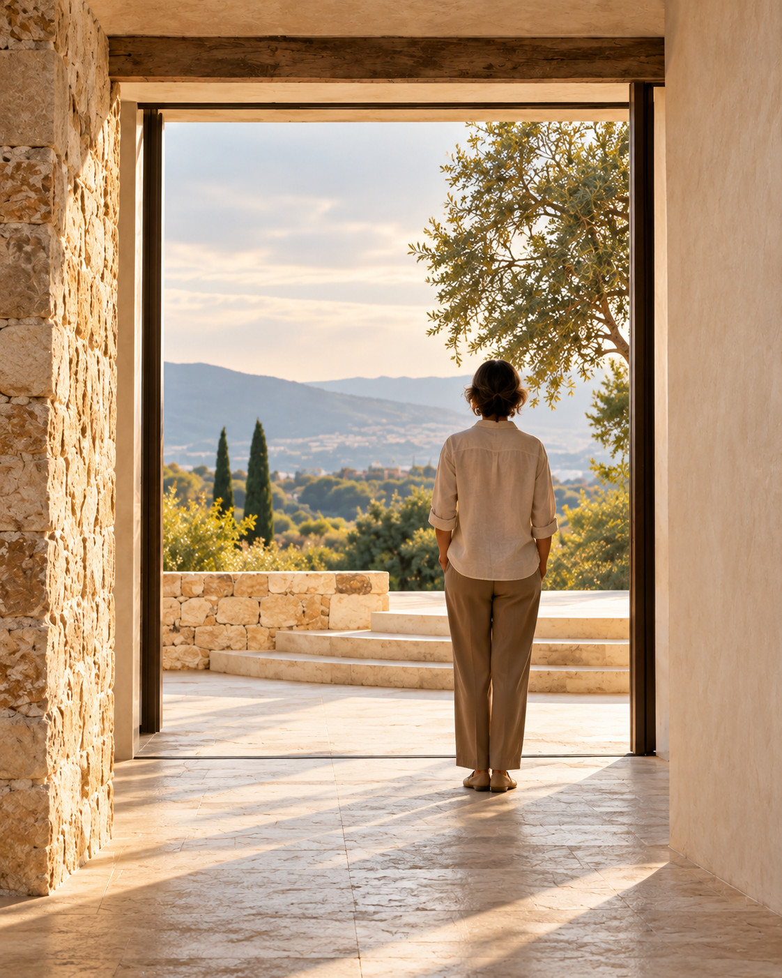 A woman standing still at an open stone doorway, looking out toward a Mediterranean landscape in warm light