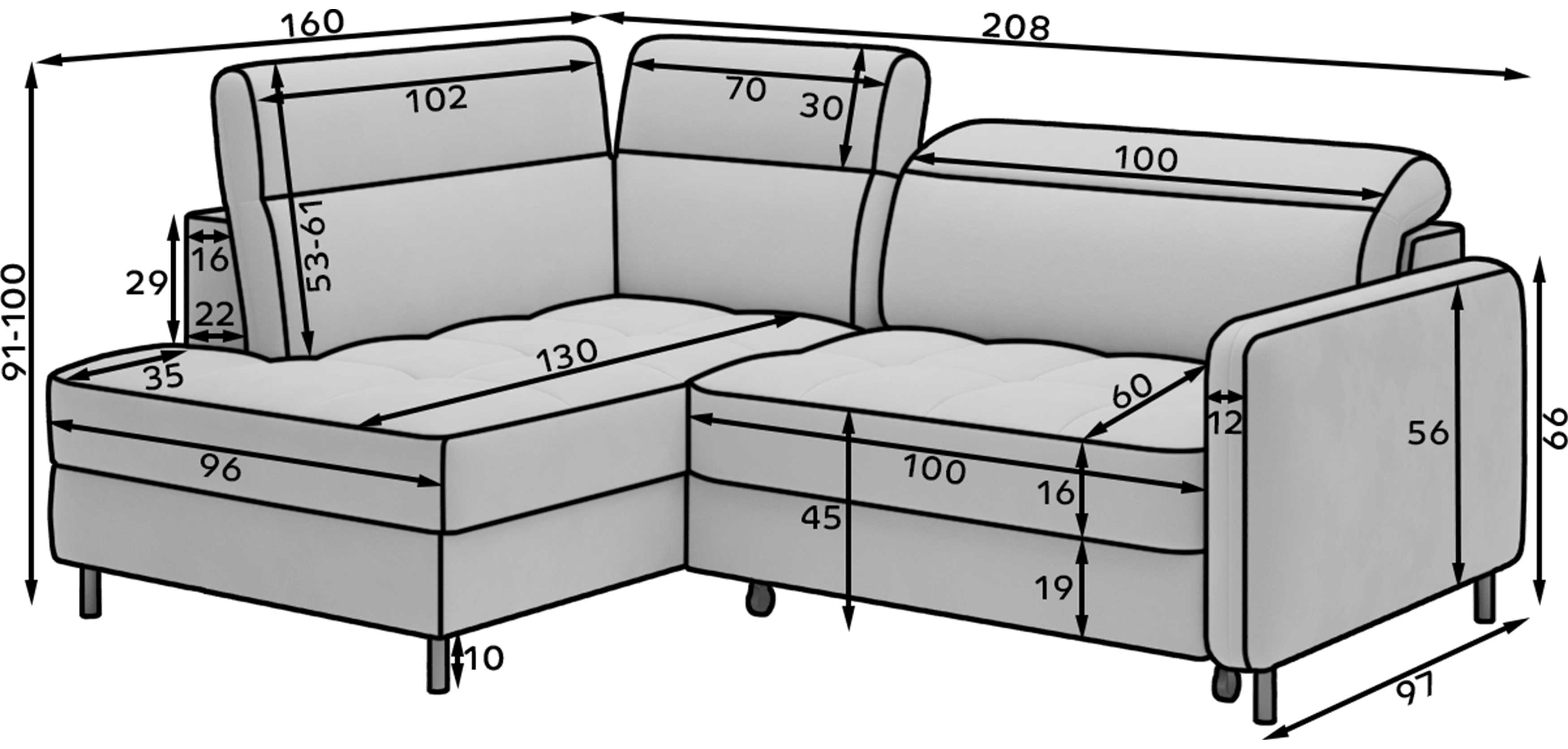 Colțar extensibil Barea, 208×160×100 cm, Personalizabil