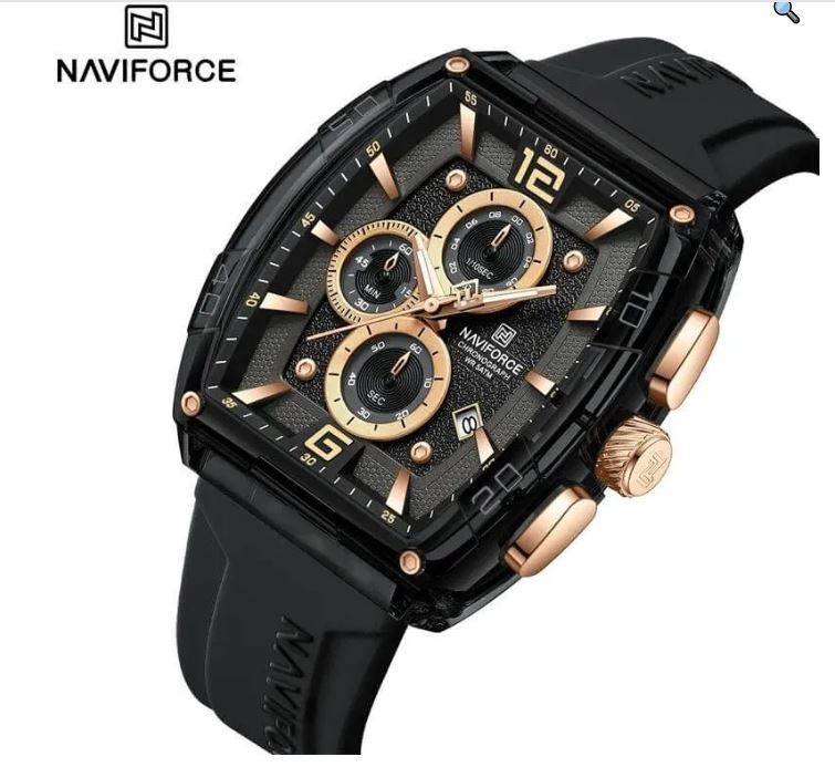 NaviForce NF6101 Men's Fashion Barrel Dial Shape Transparent Multifunction Silicon Strap Watch -Black/Rosegold 2