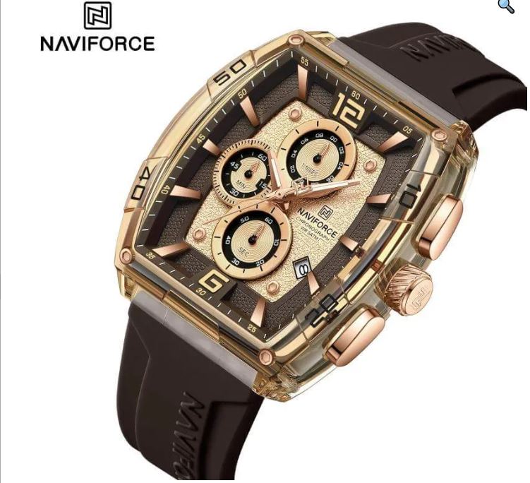 NaviForce NF6101 Men's Fashion Barrel Dial Shape Transparent Multifunction Silicon Strap Watch -Brown/Rosegold