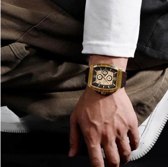 NaviForce NF6101 Men's Fashion Barrel Dial Shape Transparent Multifunction Silicon Strap Watch -Brown/Rosegold 2