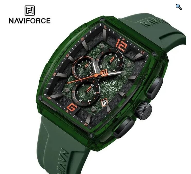 NaviForce NF6101 Men's Fashion Barrel Dial Shape Transparent Multifunction Silicon Strap Watch - Green