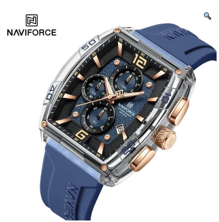 NaviForce NF6101 Men's Fashion Barrel Dial Shape Transparent Multifunction Silicon Strap Watch -Rosegold/Blue