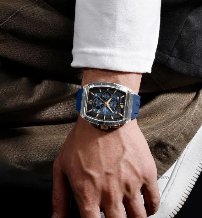 NaviForce NF6101 Men's Fashion Barrel Dial Shape Transparent Multifunction Silicon Strap Watch -Rosegold/Blue 2