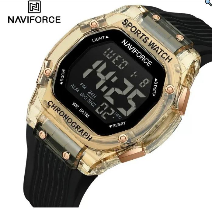 NaviForce NF7113 Men's Fashion Polygonal Dial Digital Multifunction Silicon Strap Watch - Black/Rosegold