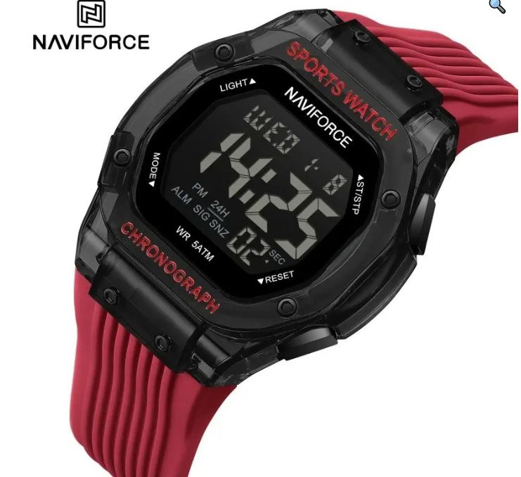 NaviForce NF7113 Men's Fashion Polygonal Dial Digital Multifunction Silicon Strap Watch - Red